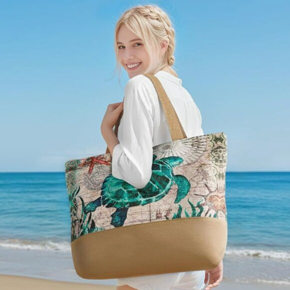Turtle  Beach Bag for Women, Large Beach Tote Bags with Zipper, Woven Straw Tote - Picture 2 of 5